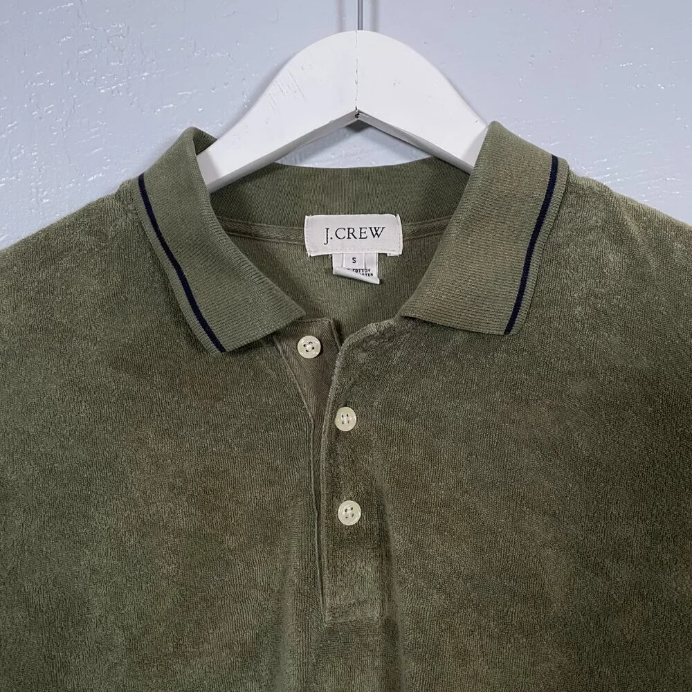 J Crew Men S Olive Green Terry Cloth Polo Shirt Short Sleeve Collared Preppy